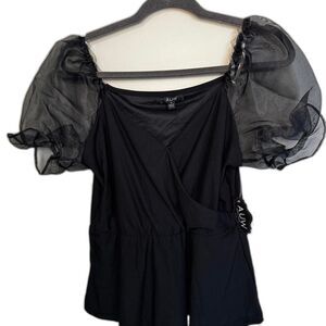 A.U.W Black Square Neck Puff Sleeve Chiffon Ruffle Blouse Polyester Spandex S